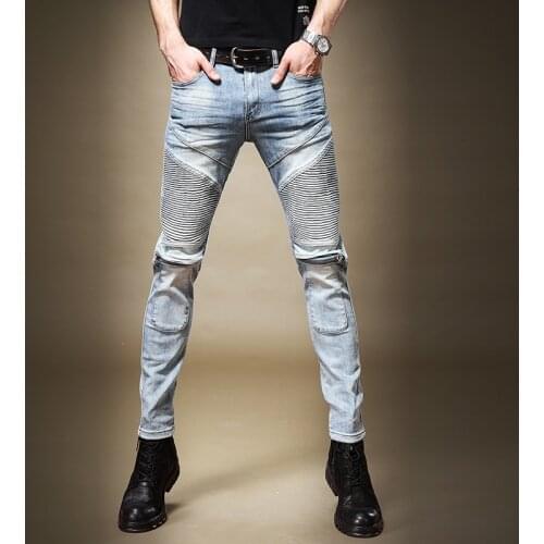 Free shipping new fashion male mens Slim retro jeans trendy brand metal zipper stitching motorcycle casual denim pants trousers