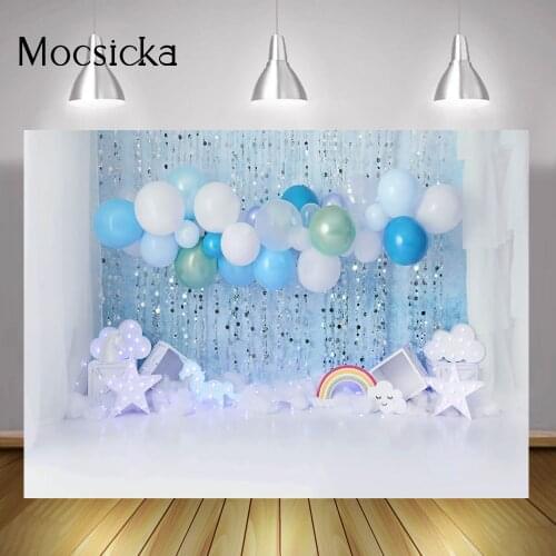 Blue Curtain Newborn Kids Portrait Background Balloons Wall Children One Birthday Cake Smash Backdrop Photography Rainbow Cloud