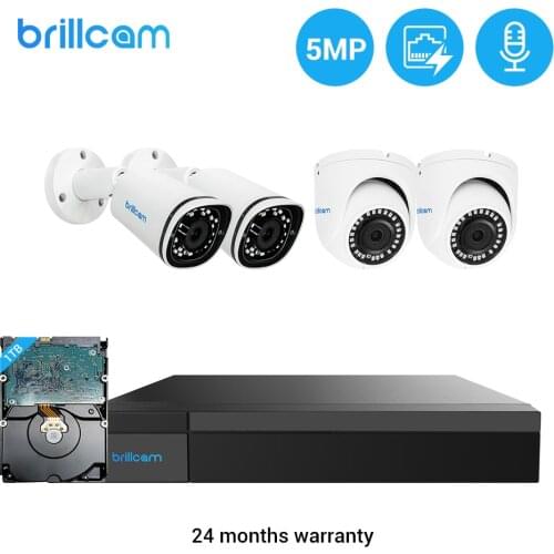 Brillcam 5MP 8CH NVR Set Video Surveillance Camera Indoor/Outdoor Weatherproof Audio 2T HDD P2P Kit Security Camera System H.265