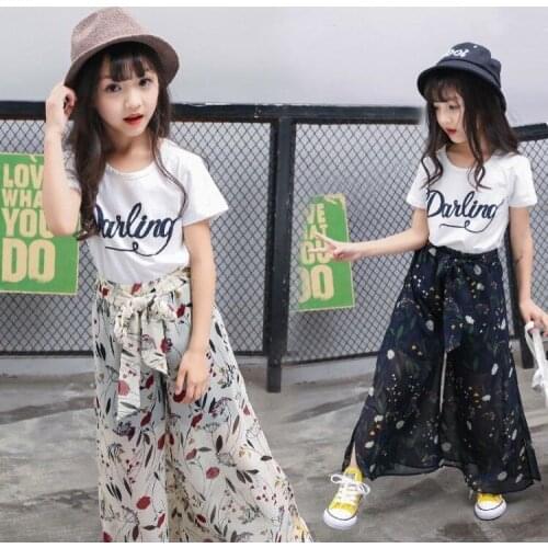 Girls Suits 2021 New Summer Fashion White T Shirt Set Childrens Wide-leg Pants Two-piece for Big Girls Kids Clothes
