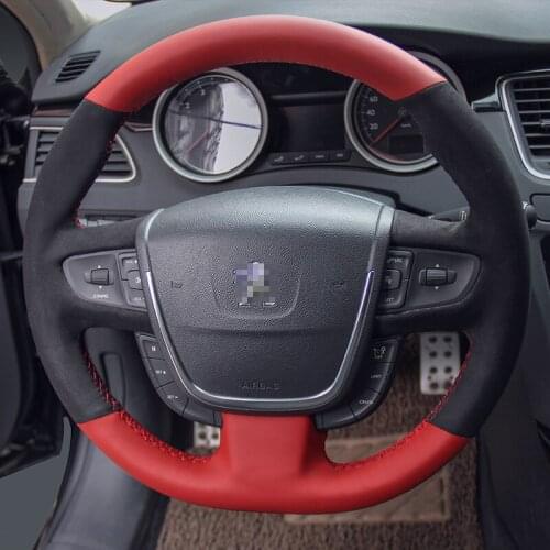 Red&Black Suede Stitching Non-Slip hand-stitched leather Car steering wheel cover For Peugeot 308 408 508 3008 4008 5008