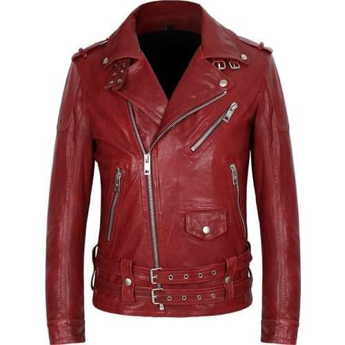 Spring New Mens Red Oblique Zipper Slim Genuine Leather Sheepskin Jacket Vegetable Tanned Motorcycle Biker Leather Jackets Coat