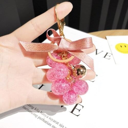 Cute Crystal Grape Key Chain Ribbon Bowknot Trinket Girl Bag Pendant Key Ring Round Ball Beads Keychain Jewelry Accessories