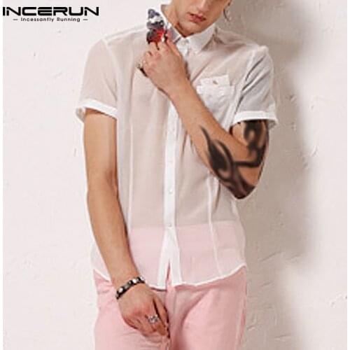 2021 Summer Men Shirt Solid Color See Through Lapel Short Sleeve Pockets Casual Camisas Streetwear Breathable Party Tops INCERUN