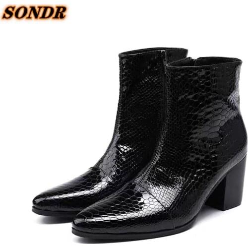 Genuine Leather Men Boots Autumn Ankle Boots Fashion Snake Skin Footwear Pointed Toe Zipper Men High Heels Business Dress Shoes