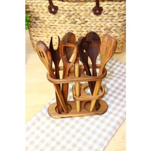 7 pcs Natural Walnut Tree The Spoon Holder and Spoon Set Heat Resistant Stylish Spatula Dinnerware Spoon Fork Non-Stick Baking Tool Kit kitchen