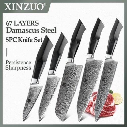 XINZUO 5 Piece Kitchen Knife Set High Carbon Damascus Steel New Japanese Style Kitchen Knives Razor Sharp Blade Kitchen Tools