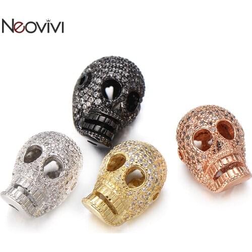 Neovivi White CZ Skull Beads Hollow Eye Copper Charm for Jewelry Making Women Handmade Bracelets Necklaces Cubic Zirconia Bead