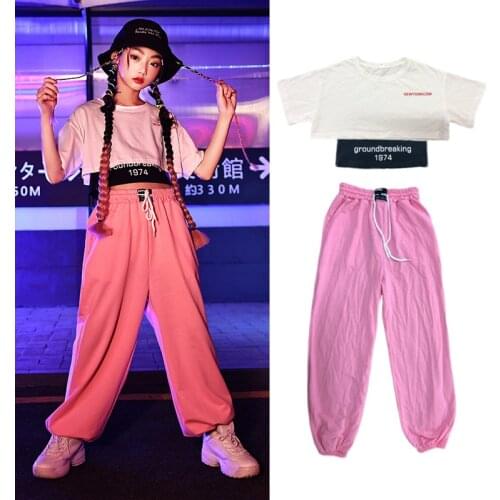 New Girls Hip-Hop Clothes Jazz Performance Costumes Children Hiphop Loose Summer Short-Sleeved Trousers Street Dancewear DN8538