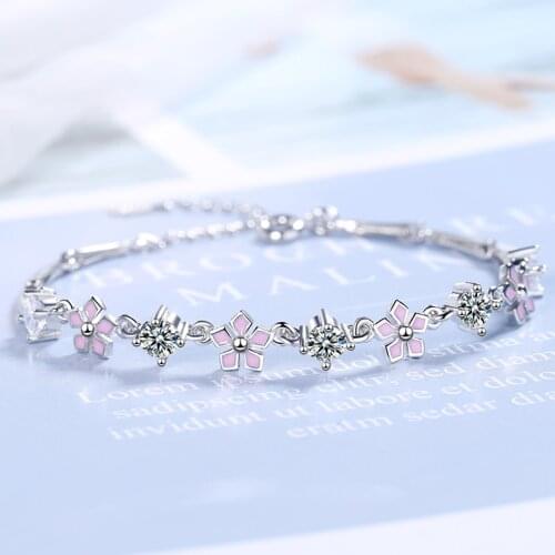 Newest Fresh Girls Lovely Pink Cherry Blossoms Charm Bracelets Spring Romantic Simple Link And Chain Bracelet Accessories Gifts