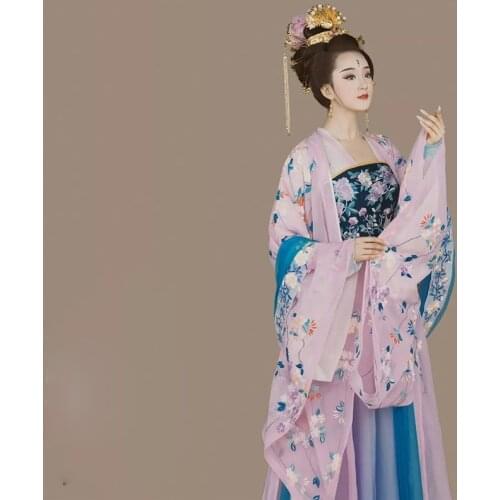 WYJN Bright Colorful Tang Dynasty Princess Empress Costume High Waist Ruqun with Long Train Over Robe Fairy Cosplay Stage Hanfu
