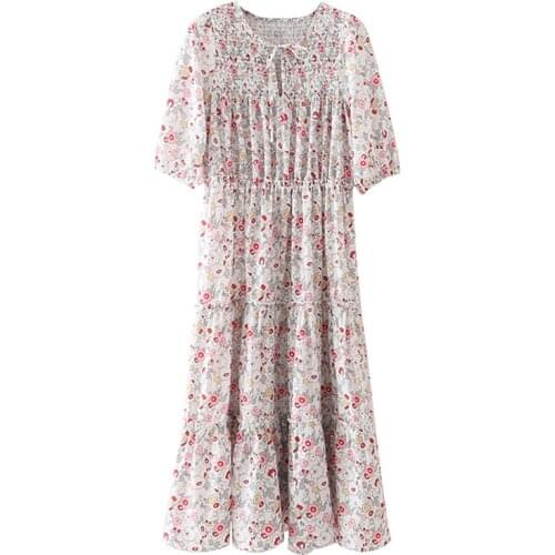YENKYE Sweet Women Vintage Print Floral Dress Female Lace Up O Neck Puff Sleeve Vestido Mujer Holiday Summer Casual Dress Midi