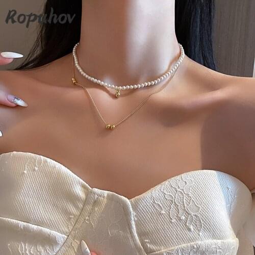 ROPUHOV 2021 Korean Trendy Fashion Personality Pearl Ball Neck Chain Superimposed Versatile Clavicle Chain Two-piece Necklace