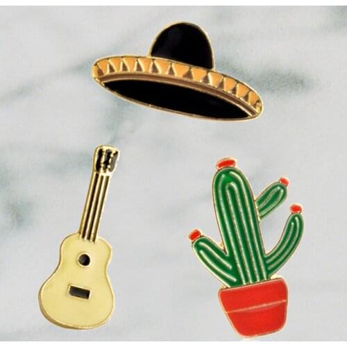 Tropical West Cowboy Hat Guitar Mexican Cactus Enamel Pin Badge Metal Girls Jeans Bag Decoration Gift Fashion Jewelry Wholesale