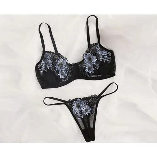 Embroidery Lace Womens Underwear See-Through Erotic Lingerie Sets Rims Bra Thong Briefs Sexy Transparent Underwear Set