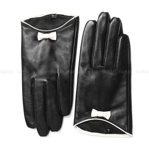 YY5392 Classic Women Fall Winter Genuine Leather Short Gloves Famale White Bowknot Black Patchwork Thin Eldiven Guantes Mujer