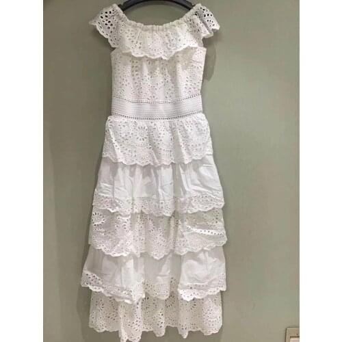 Top Quality New 2020 Summer Cotton Dress Women Sexy Off Shoulder Allover Exquisite Embroidery Cascading Ruffle White Green Dress