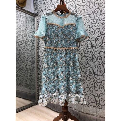 High Quality Brand New Summer Dress 2021 Fashion Women Sexy Tulle Lace Patchwork Short Sleeve Casual Vintage Floral Print Dress