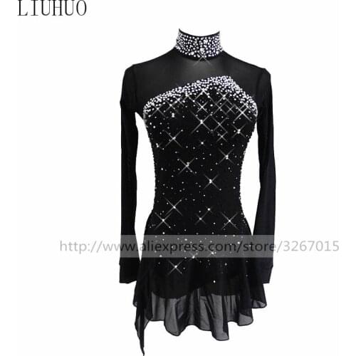 Figure Skating Dress Womens Girls' Ice Skating Dress Pure black collar long sleeve Beautiful sparkling rhinestones