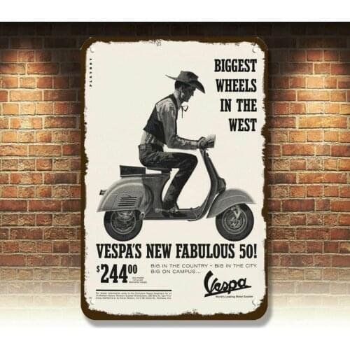 1964 COWBOY Rides VESPA 50 SCOOTER / MOTORCYCLE Vintage Look REPLICA METAL SIGN