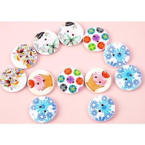 50pcs 30mm Round Wooden Buttons Cartoon Printed Wooden Buttons Printed Two-eye Wooden Buttons DIY Stickers Accessories WD0016