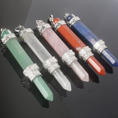 75x12MM NEW Natural Lapis Amethysts Aventurine Rose Crystal Quartz Hexagon Pillar Amulet Cameo Pendant 1 PCS
