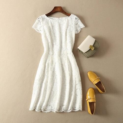 White/Light Pink Women Lace Patchwork Gathering Waist Short Sleeve O Neck Short Mini Dress With Lining