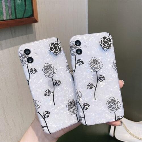 3D Rotating Flower Dream Shell Glitter Phone Case for iPhone 12 11 Pro XS Max XR X 7 8 Plus SE 2020 Black Rose Soft Back Cover