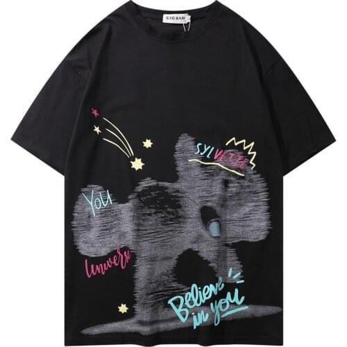 Street Wear Painted Bear Print Short Sleeve T-shirt For Men Tshirt Hip Hop Camisetas Masculina Tee Shirt Homme Tshirts Cute