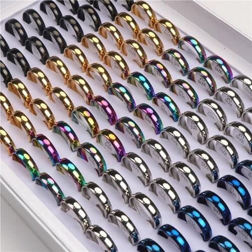 25pcs/lot 6MM Simple Smooth Stainless Steel Rings For Men Women Mix Color Fashion Couple Wedding Jewelry Gifts Party Wholesale