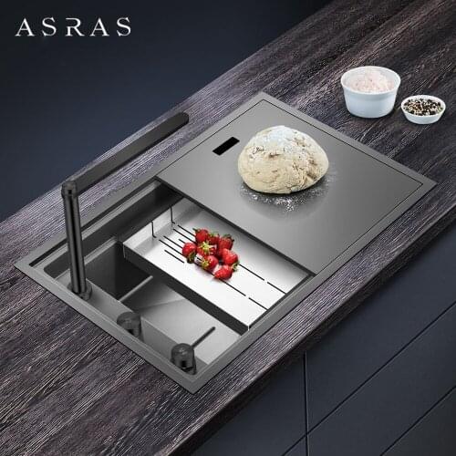 ASRAS 6443NS/7247NS Thickened Nano-plating Kitchen Sink with Covers 304 Stainless Steel Handmade Hidden Sink with Lifting Faucet