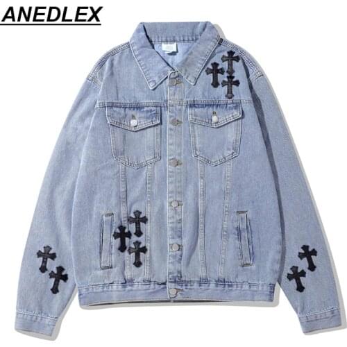High Street Leather Embroidered Cross Made Old Denim Jacket Men And Women 2021 Autumn Fashion Loose Hip-hop Jacket Clothing