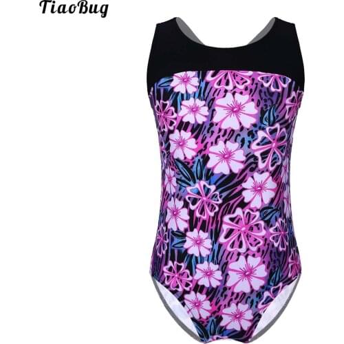 TiaoBug Summer Kid Girls One-Piece Swimming Jumpsuit Print Swimsuit Round Neck Sleeveless Backless Criss-Cross Beach Swimwear