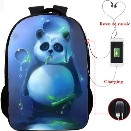 Fashion Style Backpack Bag Panda Printed 16 Inch Usb Charging School Bag Waterproof Daily Bagpack for Boys Girl kawaii Schoolbag