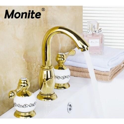 Monite Golden Plated Bathroom Faucet Set Deck Mounted 3 Pcs Set Bathtub European Shower Basin Mixer Tap Ceramic Faucet Body