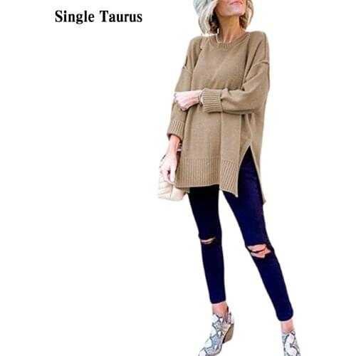 Fall Sweaters for Women O Neck Sweater Long Sleeve Side Slit Loose Knit Pullover Tops Casual Streetwear Long Length Sueter Mujer