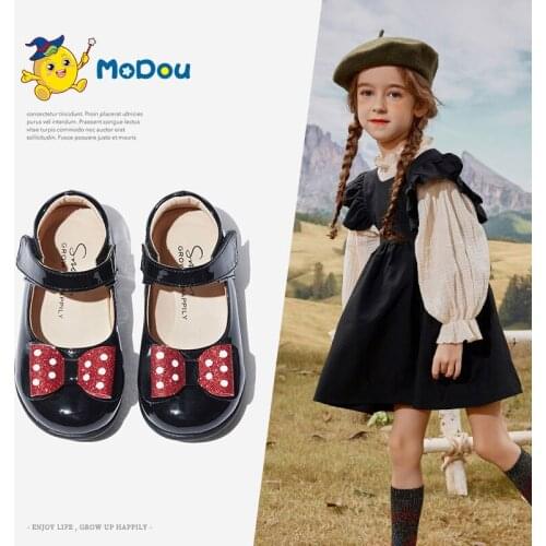Mo Dou 2021 Autumn New Cute Bowknot Genuine Leather Princess Shoes Girls Sweet Sneakers Soft Sole Toddler Shoes Black Red Sweet