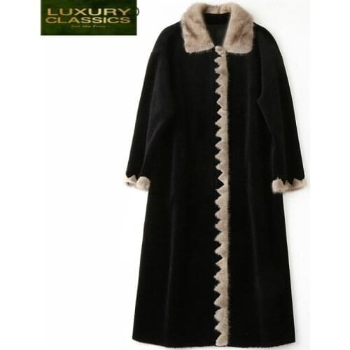 Coat Sheep Shearing Fur Winter Jacket Women Natural Wool Parka Real Mink Fur Collar Autumn Spring Long Clothes LWL1369
