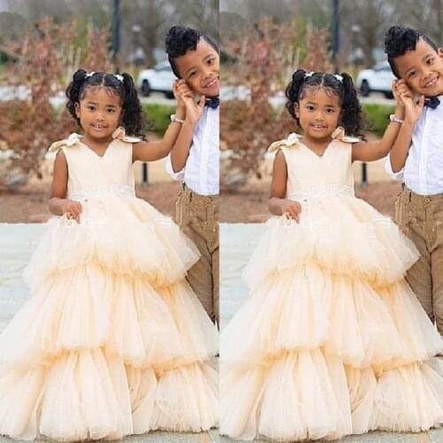 Light Yellow Tiered Flower Girl Dresses Tulle Puffy Princess Dress First Communion Children Birthday Party Gowns
