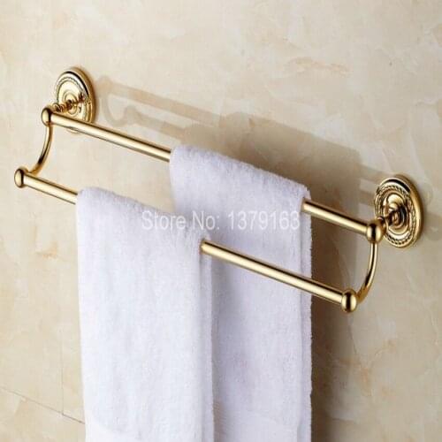 Luxury Polished Gold Color Brass Wall Mounted Bathroom Double Towel Rail Holder Rack Bar aba602
