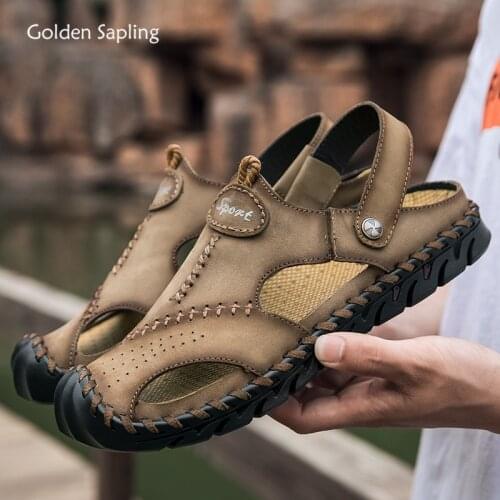 Golden Sapling Genuine Leather Sandals Men Breathable Summer Leisure Shoes Fashion Retro Beach Mens Sandal Trekking Casual Shoe