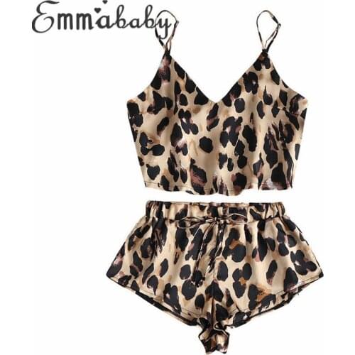 Hot Sexy Women Animal Leopard Print Satin Cami Top High Cut Shorts Pajama new Bikini new straps split swimsuit sexy swimsuit