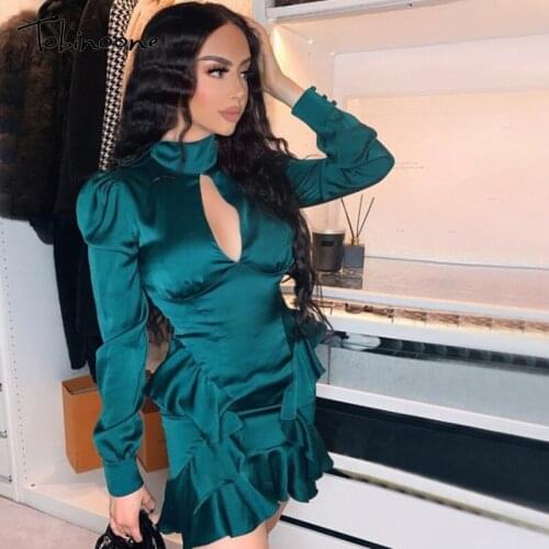 Tobinoone Sexy hollow out party dress Nightclub ruffles mini dress Elegant winter autumn chic Long Sleeve pleated bodycon dress
