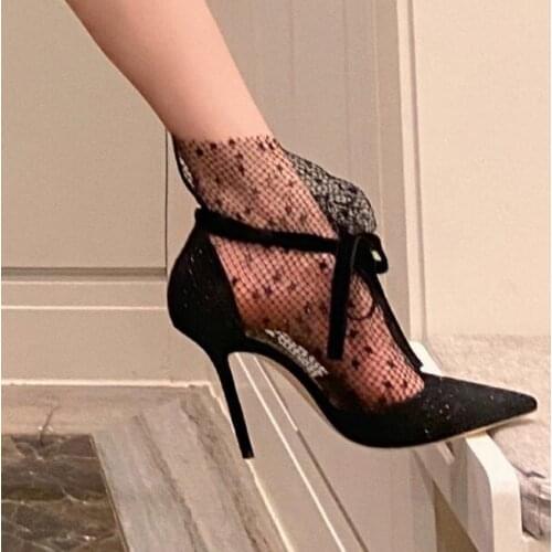 Fashion Ladies Black Lace Mesh Pointed Toe Pumps Woman Lace Up Front 7/9 cm Stiletto Heels Tube Short Night Club Party Shoes