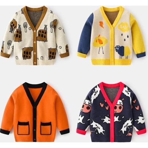 2020 Autumn Winter New Child Sweaters Fashion Cartoon Toddler Boys Sweater Cadigan V Neck Casual Knitting Sweater for Boy 2-7 Y