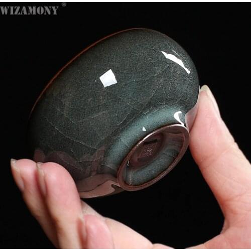 WIZAMONY 1PCS Handmade Longquan celadon Drinkware Teaset Teacup Teapot Tea Cup Iron Body Crackle Glaze chinese porcelain