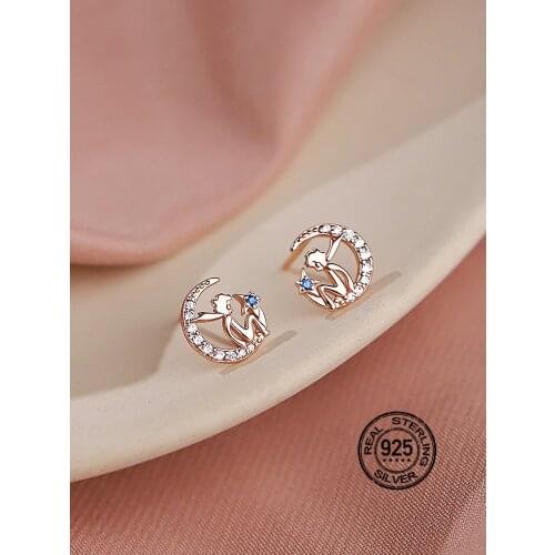 925 Silver Earrings For Women Rose Gold Little Prince Moon Retro simple Design Fashion Female Gift Jewelry INEFFA Anti-Allergic