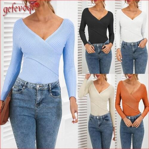 2021 Autumn Winter Clothes for Women Sexy Elegant V-neck Long Sleeve Ribbed Knitted Slim Fit Basic Tops Pullover Sweaters Jumper