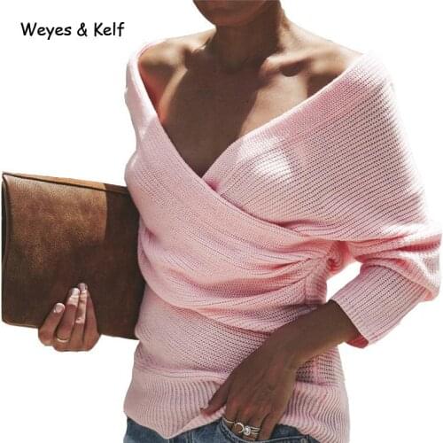 Weyes & Kelf Casual Winter V-neck Long Knitted Pullover Women 2020 Autumn Criss-cross Long Sleeve Solid Sweater Women