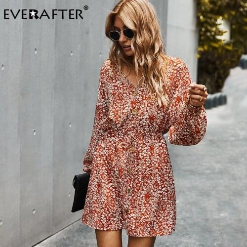 EVERAFTER Floral print v neck women dress button long sleeve A-line dress loose lace up holiday autumn winter midi dress ladies